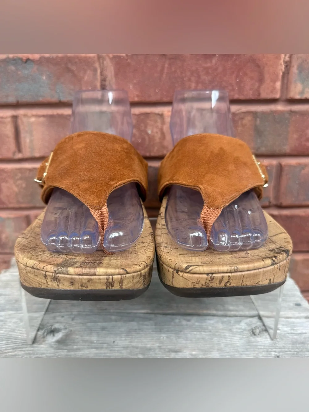 Vionic Marbella Brown Tan Suede Cork Wedge Platform Thong Sandals Women’s Sz 9